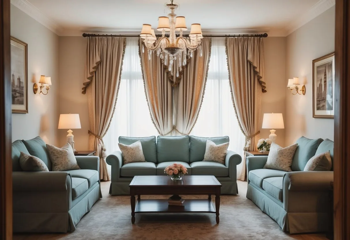 En hyggelig stue med elegante gardiner blød belysning og komfortable siddepladser